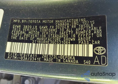 2016 Toyota Corolla L from USA, damaged, VIN 2T1BURHE3GC531064